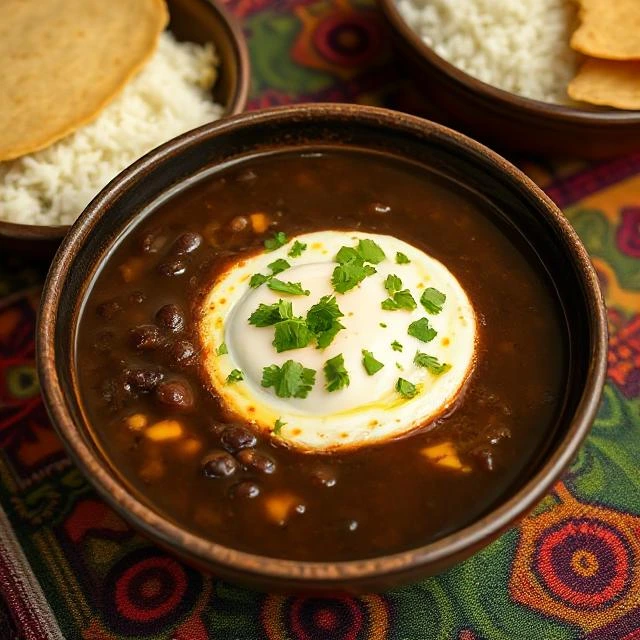 Bowl of Sopa Negra with egg and cilantro