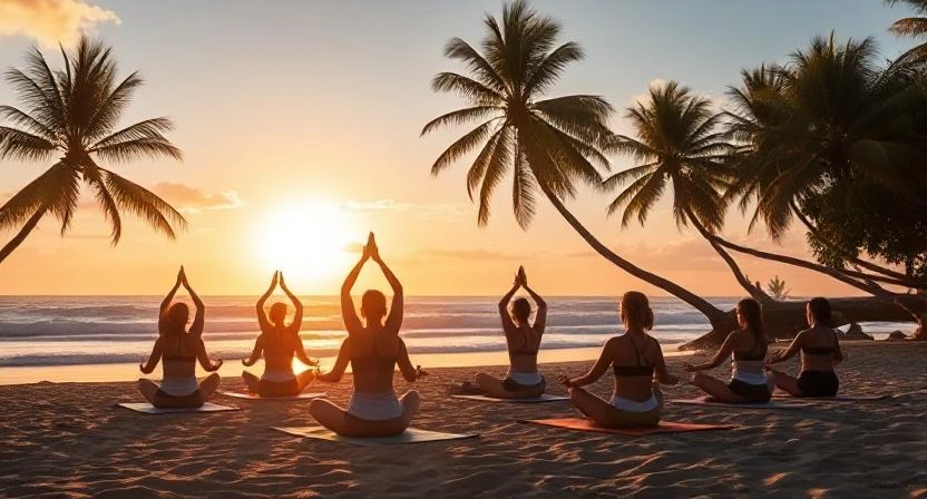 Yoga session on the beach at sunrise in Costa Rica