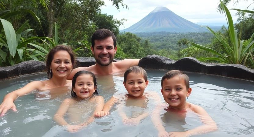 Family relaxing in hot springs in Costa Rica
